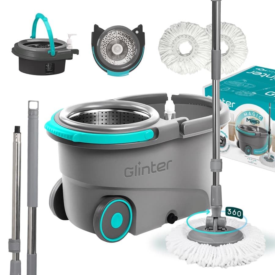 Mop Giratorio Profissional MagicMop Glinter - Esfregao com Balde 16L e Cabo Inox
